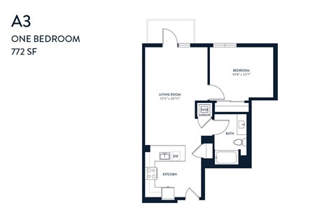 Floor plan for 1 bed, 1 bath, 772 sqft